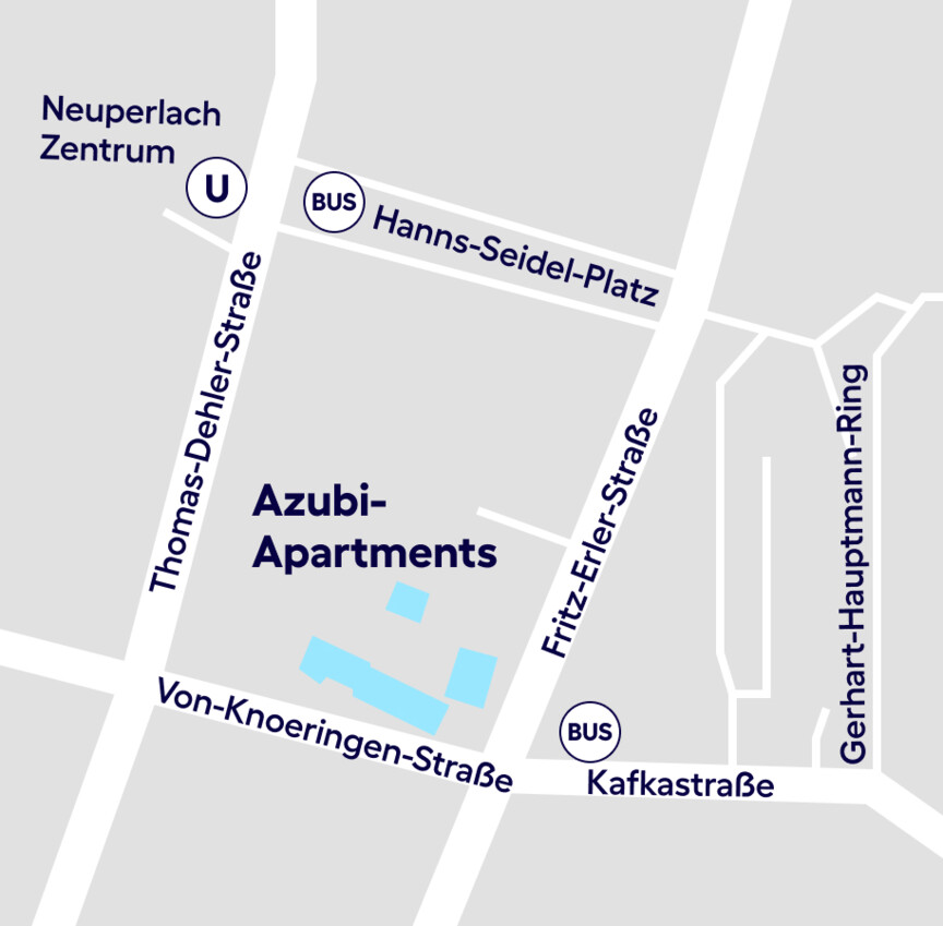Lageplan der Azubiwohnanlage Hanns-Seidel-Platz. Das Wohnhaus steht an der Ecke Von-Knoeringen-Straße und Fritz-Erler-Straße. Die nächst gelegene U-Bahnstation ist Neuperlach Zentrum.