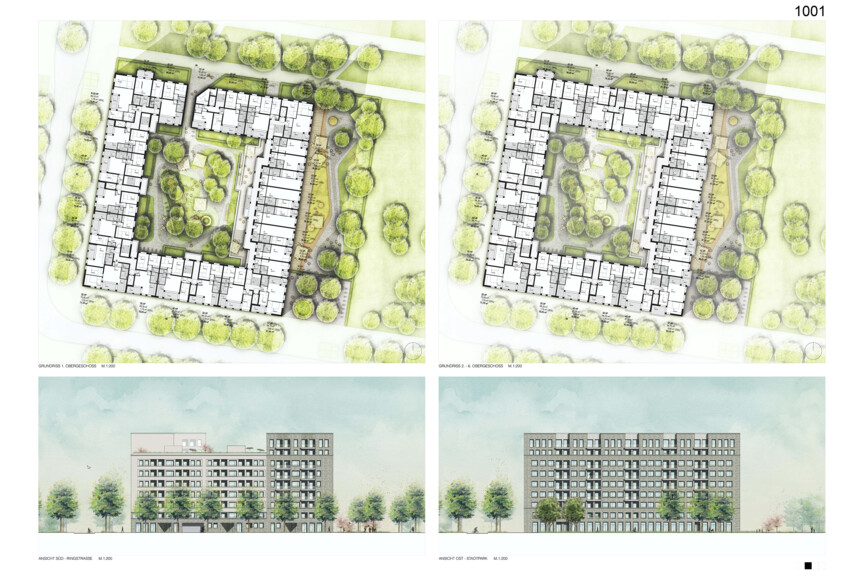 Grundriss OGs und Ansichten Wettbewerbsbeitrag Bayernkaserne WA5 Beitrag 1001