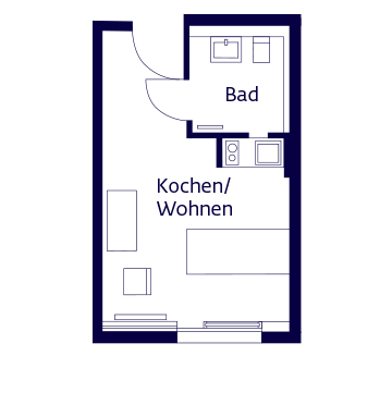 Grundriss eines Einzelapartments am Hans-Seidel-Platz. Wenn man in die Wohnung kommt, ist auf der linken Seite das Bad. Dann folgt der Wohn- und Essbereich mit großem Fenster.