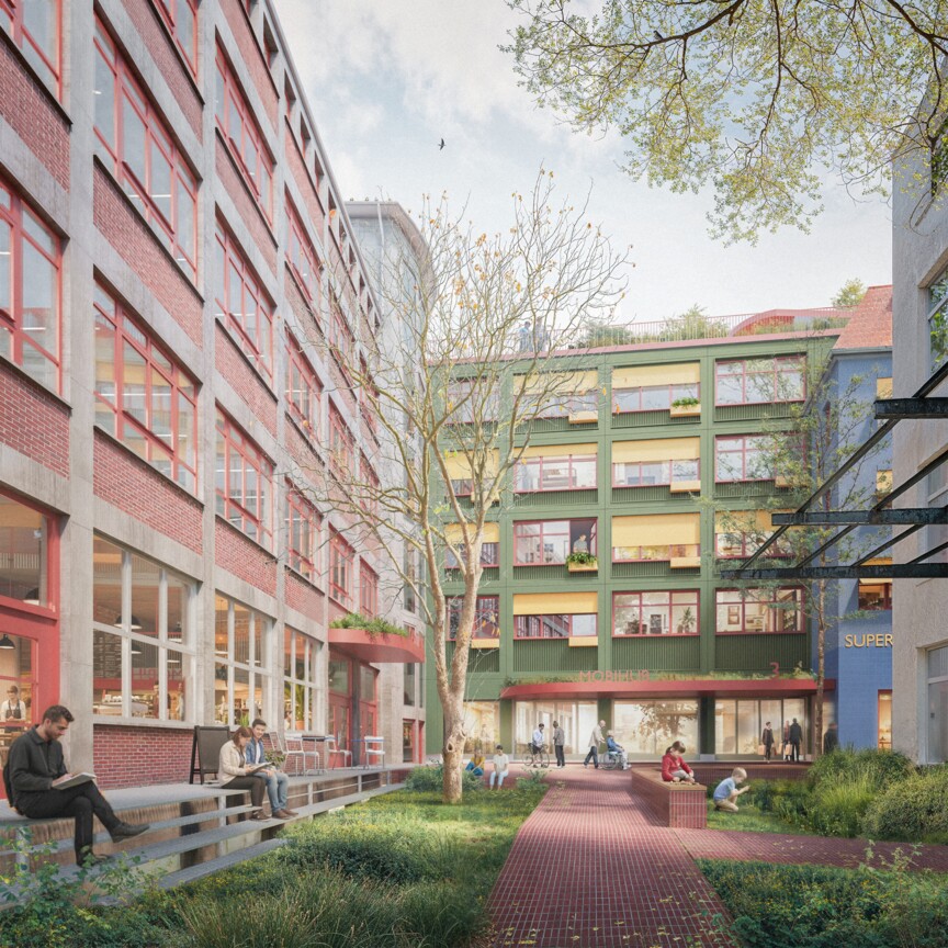 Visualisierung für die Quartiersentwicklung Angler-/Heimeranstraße. Man erkennt eine enge innerstädtische Bebauung, die einzelnen Gebäudeteile sind farblich voneinander abgegrenzt und durch einen begehbaren Innenhof miteinander verbunden.