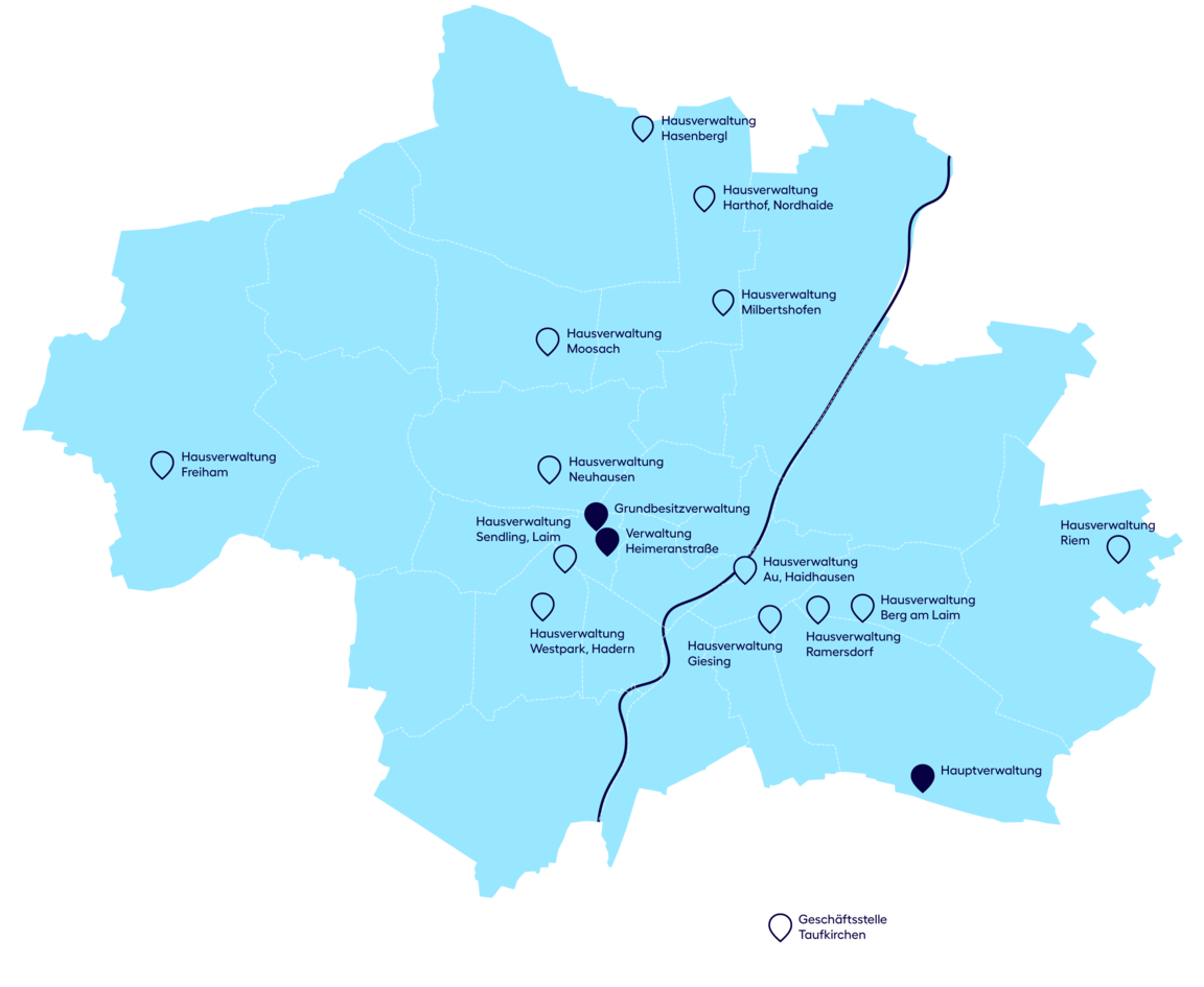 Auf einer Karte von München sind alle Hausverwaltungen, Geschäftsstellen und die Zentrale der Münchner Wohnen markiert. Die Informationen sind ebenfalls nachfolgend zu finden.