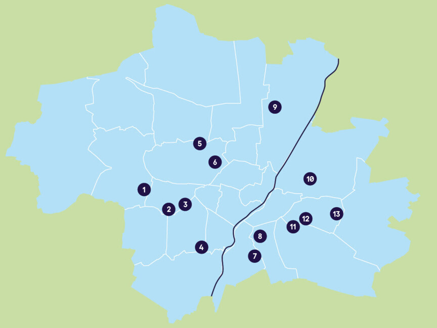 Karte der Stadt München auf der die 13 Standorte der Pflegewohnungen auf Zeit eingezeichnet sind.
