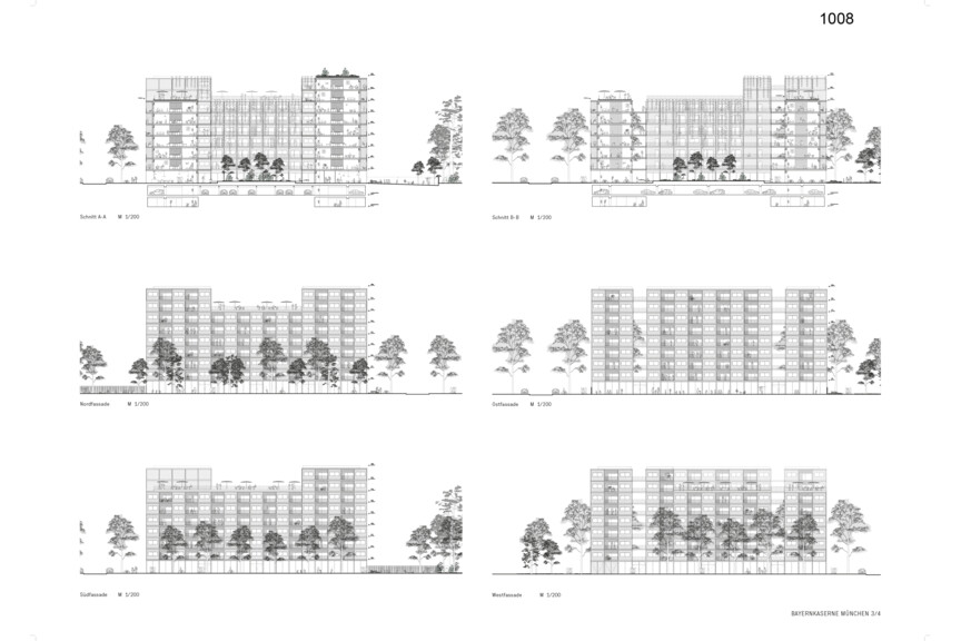 Schnitt und Fassadenansichten Wettbewerbsbeitrag Bayernkaserne WA5 Beitrag 1008