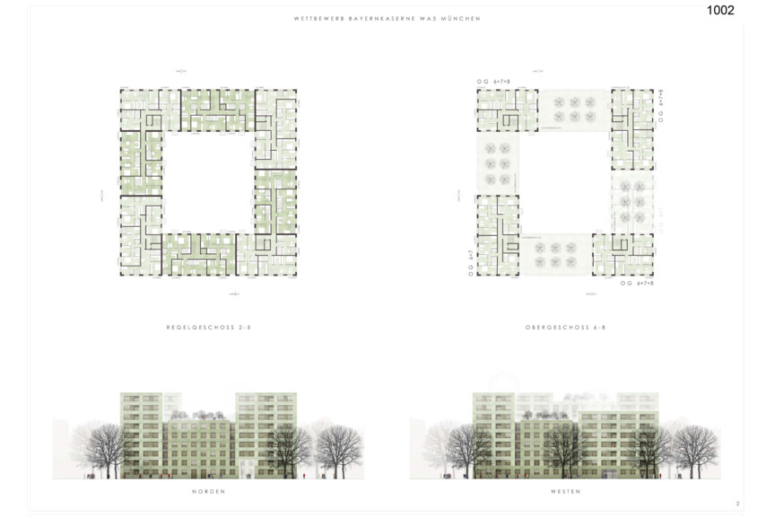 Grundrisse Regelgeschosse und Obergeschoss Wettbewerbsergebnis Bayernkaserne WA5 erster Preis 1002