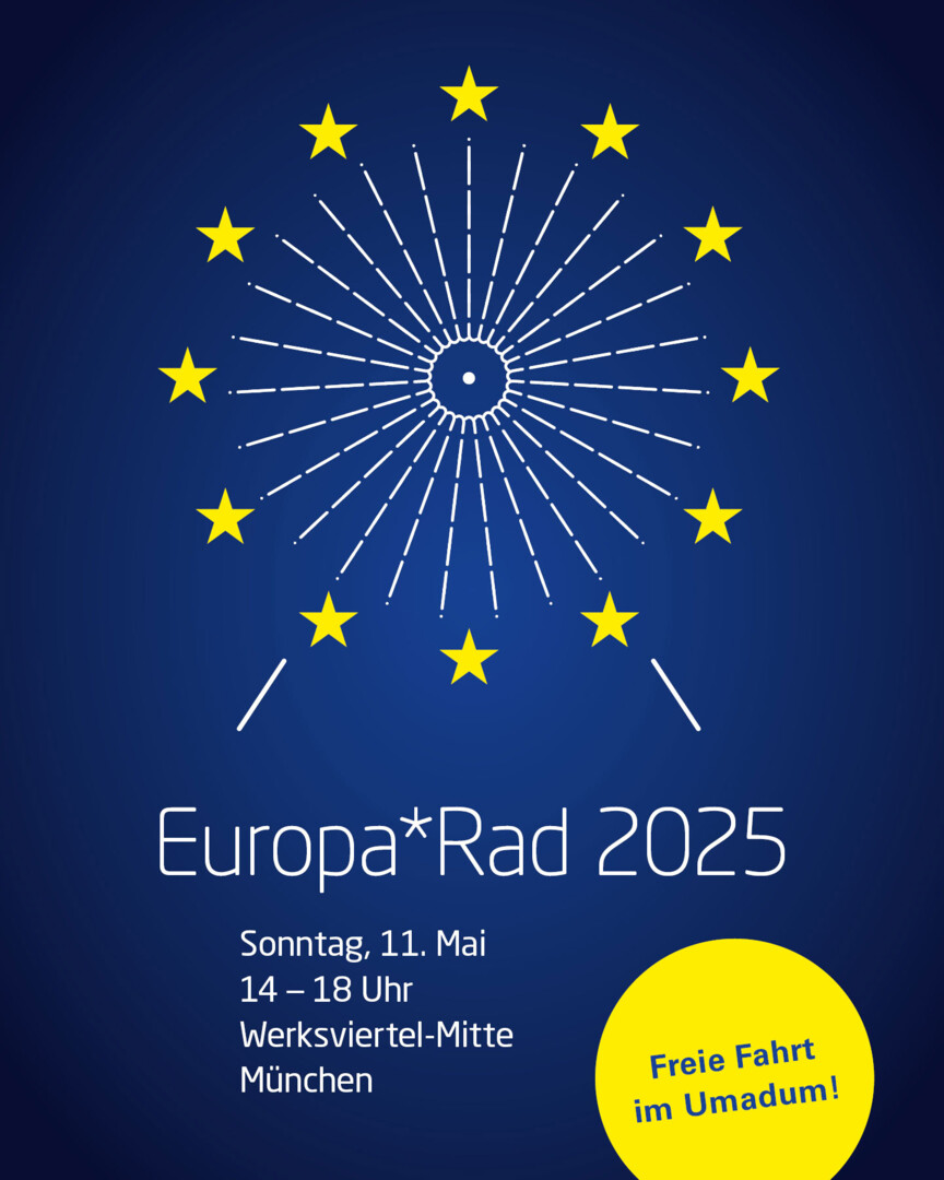 Plakat Veranstaltung Europarad. Das Bild zeigt ein angedeutetes Riesenrad. Die Gondeln sind aus Sternen ähnlich der Europaflagge zu sehen.