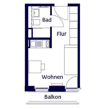 Grundriss eines Einzelapartments am Innsbrucker Ring. Wenn man in die Wohnung kommt, ist auf der rechten Seite das Bad. Dann folgt der Wohn- und Essbereich mit großem Fenster und Balkon. Die Küchenzeile ist darin integriert.