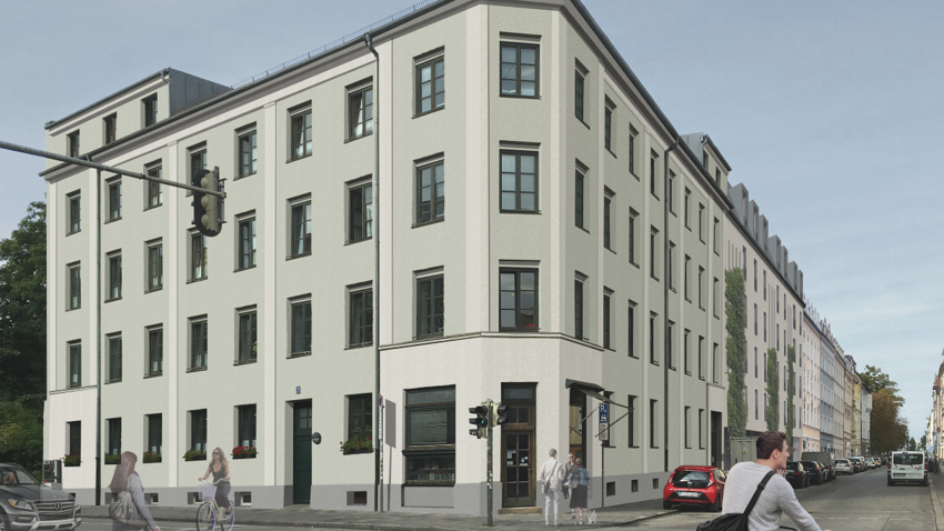 Visualisierung eines modernisierten Altbaugebäudes, das an der Ecke von zwei Straßen liegt. Inklusive Erdgeschoss sind es 4 Stockwerke mit einem z.T. ausgebauten Dachbereich. Im Erdgeschoss sind Gewerbeeinheiten.