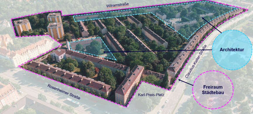 Die Grafik zeigt den baulichen Umgriff des Wettbewerbs. Das Gebiet ist tortenstückförmige und der Wettbewerb hat einen architektonischen und einen freiraumplanerischen bzw. städtebaulichen Aspekt. Letzterer bezieht sich auf das gesamte Gebiet, ersterer nur auf einen Teil.