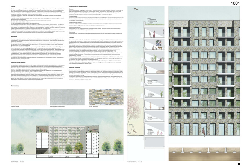 Schnitt und Fassadendetail Wettbewerbsbeitrag Bayernkaserne WA5 Beitrag 1001