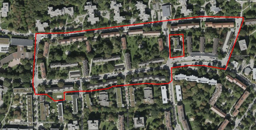 Luftbild des Quartiers Hinterbärenbadstrasse. Das Quartier zeichnet sich durch viele Grünflächen und eine lockere Bebauung aus.