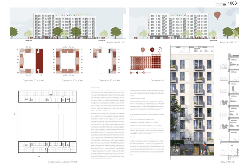 Fassade und Grundriss Untergeschoss Wettbewerbsbeitrag Bayernkaserne WA5 Beitrag 1003