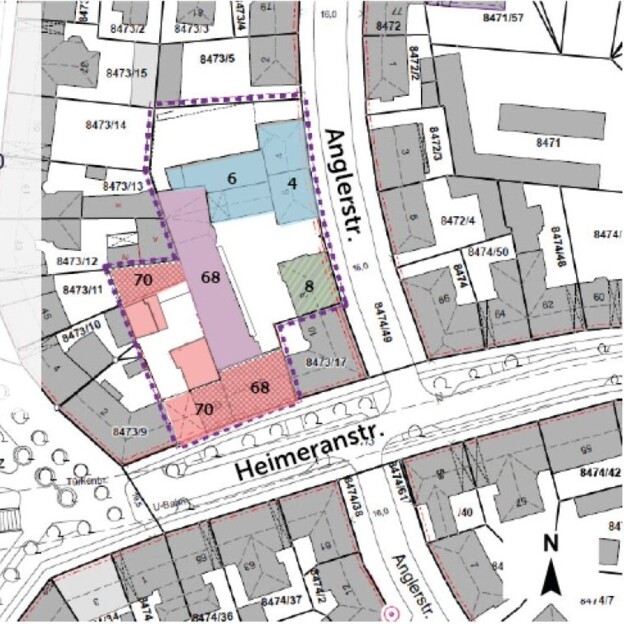 Lageplan des Gebiets der Aufgabenstellung. Das Grundstück liegt über Eck und die einzelnen Gebäude darauf haben unterschiedliche Nutzungsarten.