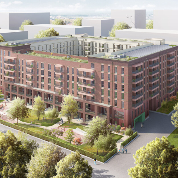 Visualisierung der Bauprojekts in Neufreimann. Das Gebäude ist in Karreeform dargestellt, drum herum sehr viel Grün.