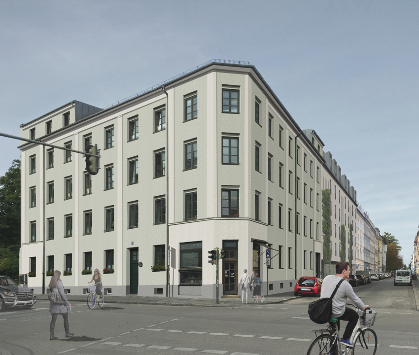 Visualisierung eines modernisierten Altbaugebäudes, das an der Ecke von zwei Straßen liegt. Inklusive Erdgeschoss sind es 4 Stockwerke mit einem z.T. ausgebauten Dachbereich. Im Erdgeschoss sind Gewerbeeinheiten.