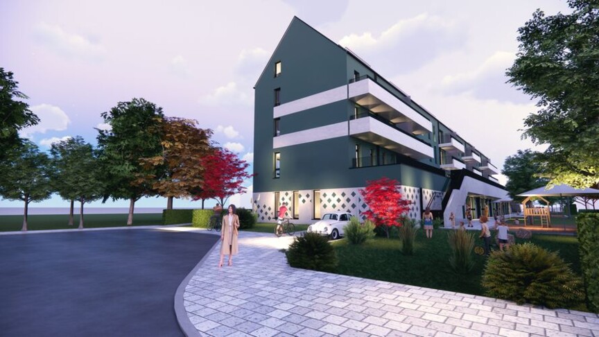 Visualisierung eines modernen dreistöckigen Wohngebäudes. Im Erdgeschoss ist eine Kindertageseinrichtung mit vorgelagertem Spielplatz eingeplant.