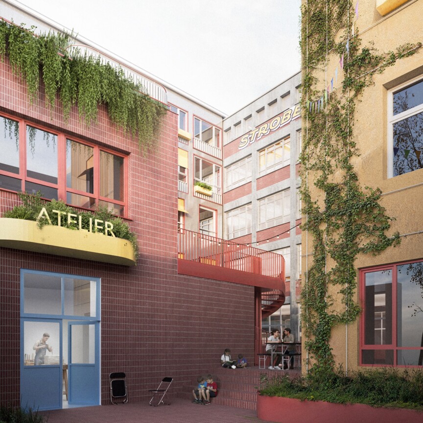Blick auf einen verwinkelten Innenhof. Im Erdgeschoss eines Gebäudes ist ein Atelier angedacht, daneben ein Wohngebäude.
