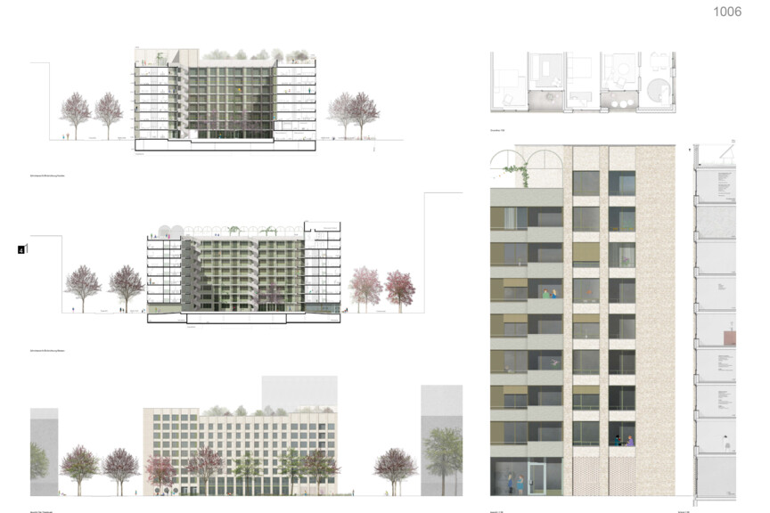 Fassade und Schnitt Wettbewerbsbeitrag Bayernkaserne WA5 Beitrag 1006