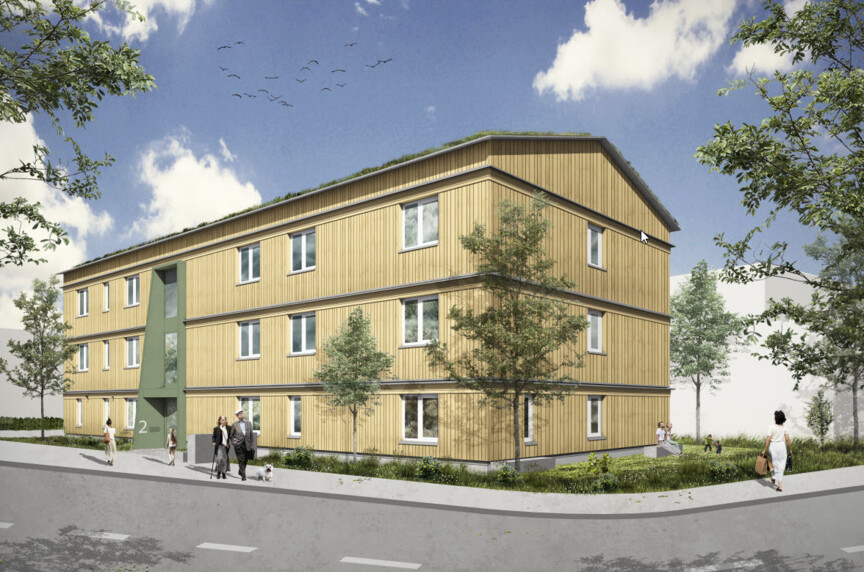 Entwurf Bauprojekt Poing WA 4.2. Mehrstöckiges Wohnhaus in Holzbauoptik.