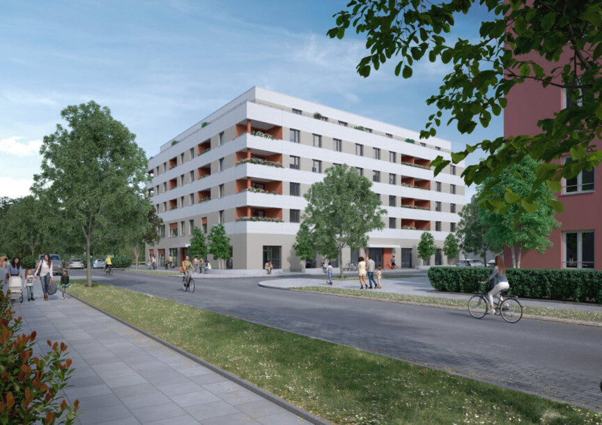 Die Visualisierung zeigt ein mehrstöckiges modernes WOhngebäude über Eck. Im Erdgeschoss sind Gewerbeeinheiten angelegt.