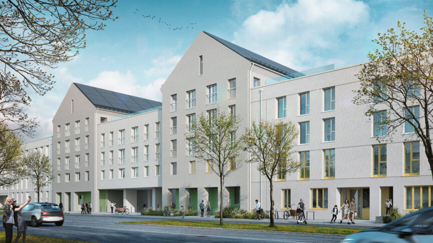 Visualisierung des 2. Bauabschnitts. Entlang der Straße zieht sich ein Gebäuderiegel der immer wieder Hochpunkte mit Satteldach hat. Ansonsten sind die Dächer flach.