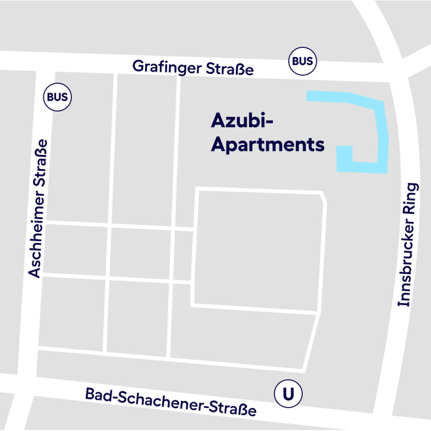 Lageplan der Azubiwohnanlage Innsbrucker Ring. Das Wohnhaus steht an der Ecke Grafinger Straße und Innsbrucker Ring. Die nächst gelegene U-Bahnstation ist Innsbrucker Ring.