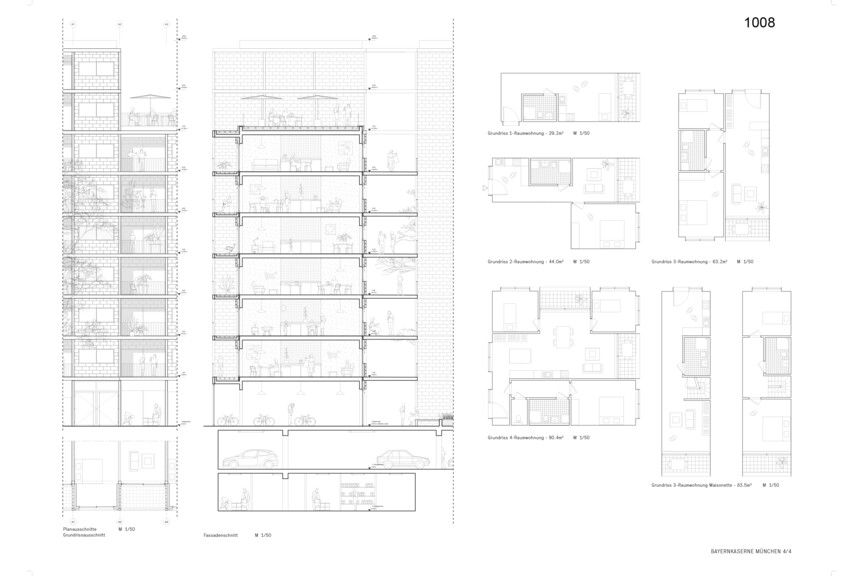 Fassadenschnitt und Wohnungsgrundrisse Wettbewerbsbeitrag Bayernkaserne WA5 Beitrag 1008