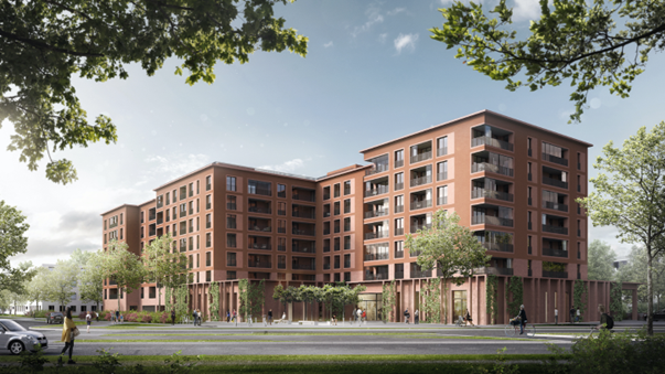Ansicht Bauprojekt Hanauerstraße: mehrstöckiges Wohnhaus mit Gewerbe im Erdgeschoss.