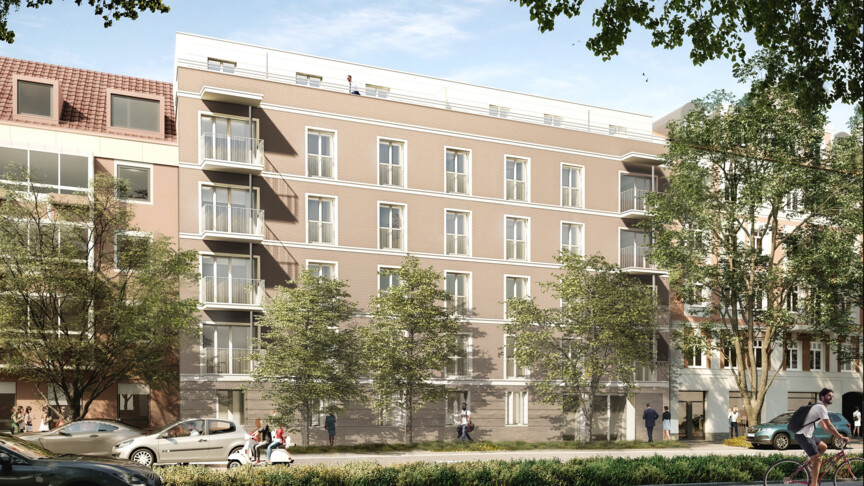 Die Visualisierung zeigt ein mehrstöckiges modernes WOhngebäude über Eck. Im Erdgeschoss sind Gewerbeeinheiten angelegt.