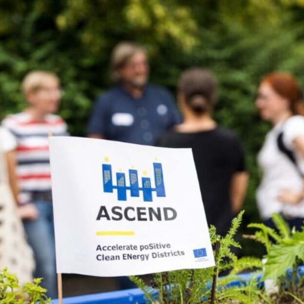 Im Vordergrund ein Fähnechen mit dem projektlogo von Ascend das in einem Blumenkasten steckt. Dahinter sieht man unscharf eine Gruppe von Menschen im Gespräch.