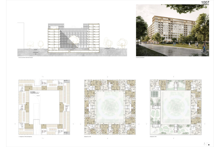 Grundrisse und Schnitt Wettbewerbsbeitrag Bayernkaserne WA5 Beitrag 1007
