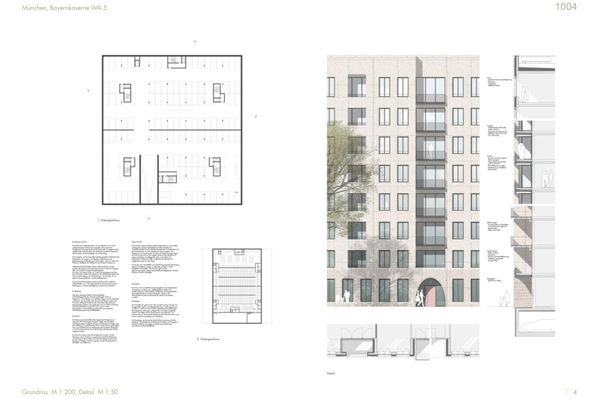 Grundriss UG und Detail Fassade Wettbewerbsbeitrag Bayernkaserne WA5 zweiter Preis 1004