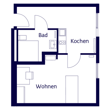 Grundriss eines Familienapartments am Hans-Seidel-Platz. Wenn man in die Wohnung kommt, ist auf der rechten Seite das Bad. Dann folgt der Koch- und Essbereich mit großem Fenster. Rechts davon geht dann der Wohnbereich ab.