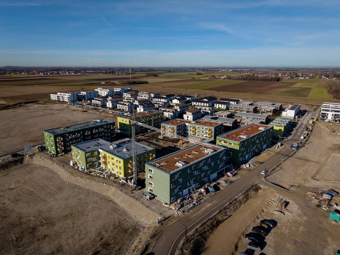 Drohnenaufnahme der Baustelle in Poing.