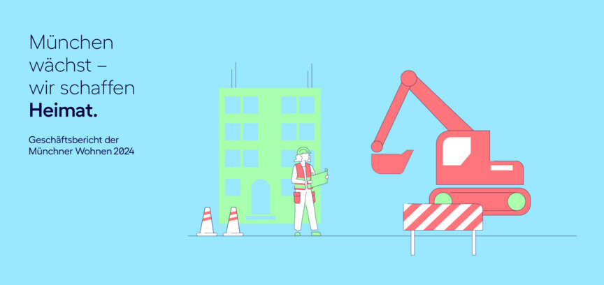 Man sieht eine Illustration die rechts einen Bagger und Links ein mehrstöckiges Haus sowie eine Bauarbeiterin davor zeigt.