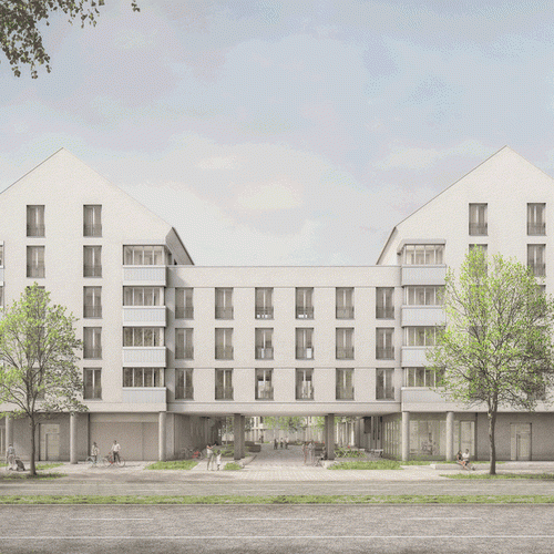 Visualisierung des 3. Bauteils an der Haldenseestraße. Die Frontalansicht zeigt ein mehrgeschossiges Wohngebäude. Zwischen zwei Hochpunkten mit Satteldach sind niedrigere Abschnitte mit Flachdach.