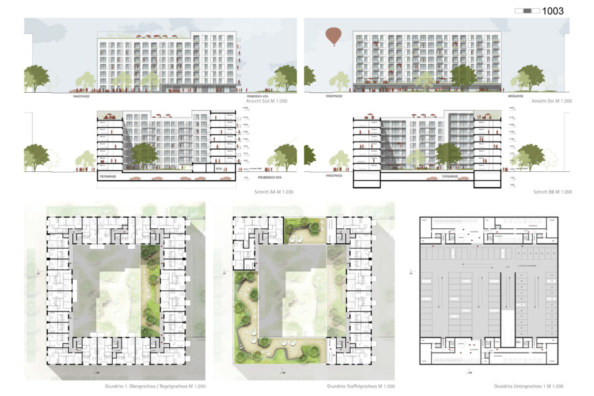 Ansichten, Schnitt und Grundriss Regelgeschosse Wettbewerbsbeitrag Bayernkaserne WA5 Beitrag 1003