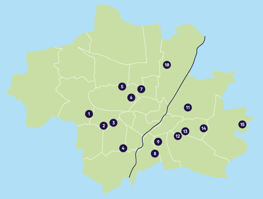 Karte der Stadt München auf der die Standorte der "Wohnen im Viertel" Projektwohnungen eingezeichnet sind.