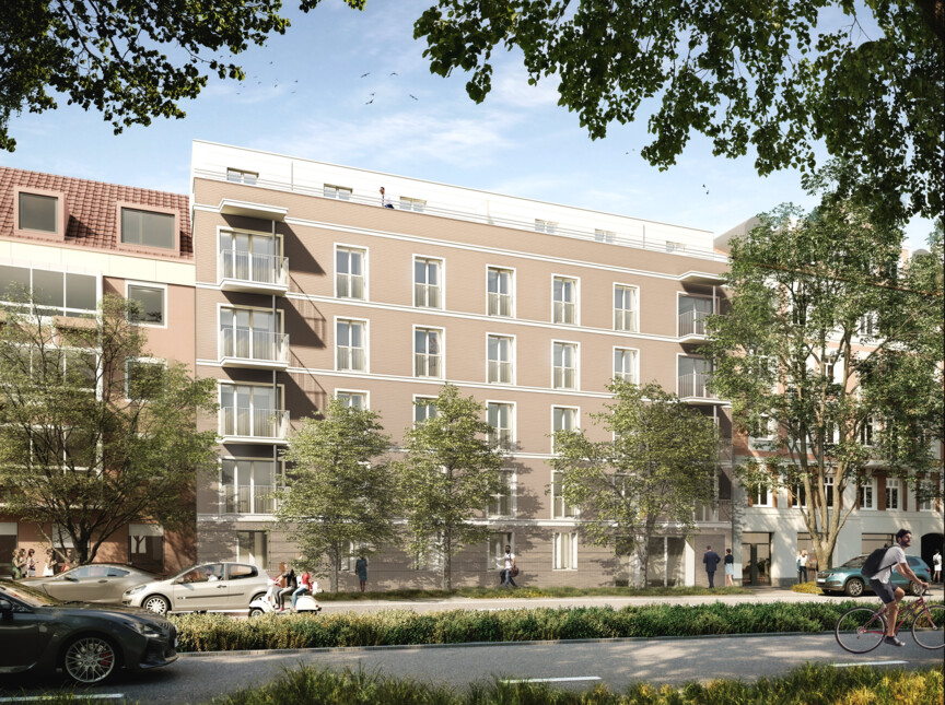 Die Visualisierung zeigt ein mehrstöckiges modernes Wohngebäude. Das Gebäude steht zwischen zwei bereits bestehenden Wohnhäusern.