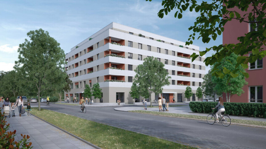 Die Visualisierung zeigt ein mehrstöckiges modernes WOhngebäude über Eck. Im Erdgeschoss sind Gewerbeeinheiten angelegt.