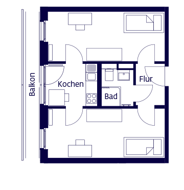Grundriss eines Doppelapartments am Innsbrucker Ring. Wenn man in die Wohnung kommt, ist das Bad direkt in der Mitte. Links und rechts gehen vom Flur je eine Tür weg durch die man in die Wohn-/Schlafräume gelangt. Hinter dem Bad ist der Kochbereich mit Zugang zum Balkon.