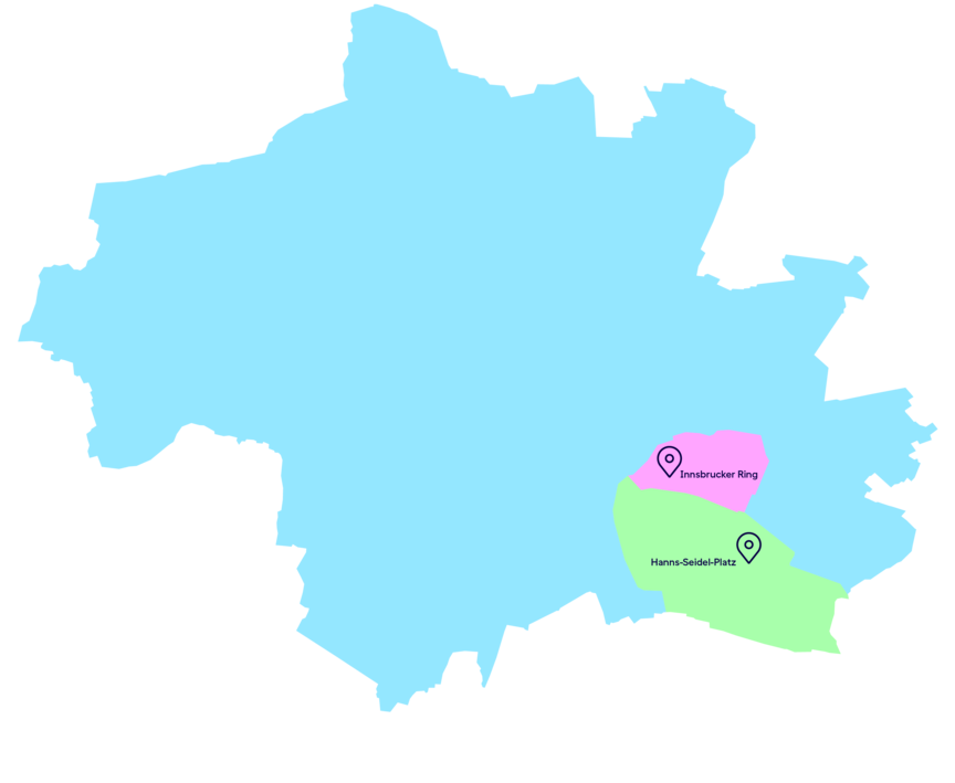 Karte von München auf der die beiden Standorte für Azubiwohnen, Hanns-Seidel-Platz und Innsbrucker Ring, eingezeichnet sind. Die Standorte befinden sich im Südosten der Stadt.