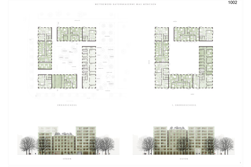 Grundrisse Erdgeschoss und erstes Obergeschoss Wettbewerbsergebnis Bayernkaserne WA5 erster Preis 1002