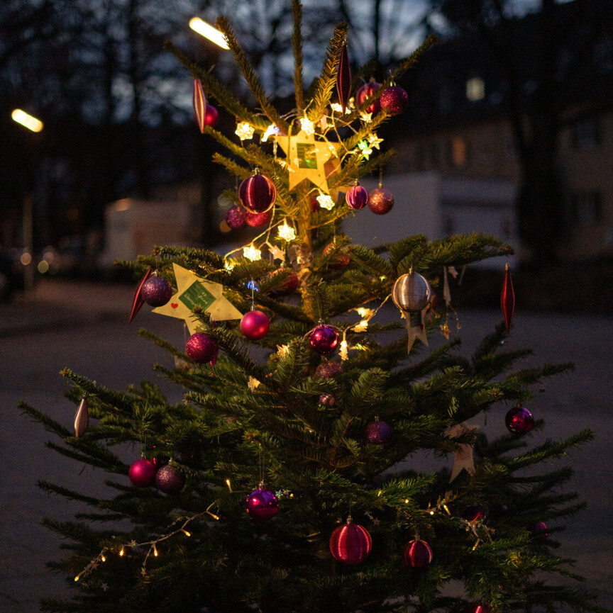 Im Fokus steht ein geschmückter Weihnachtsbaum. Im Hintergrund sieht man einen Wohnblock in der Abenddämmerung.
