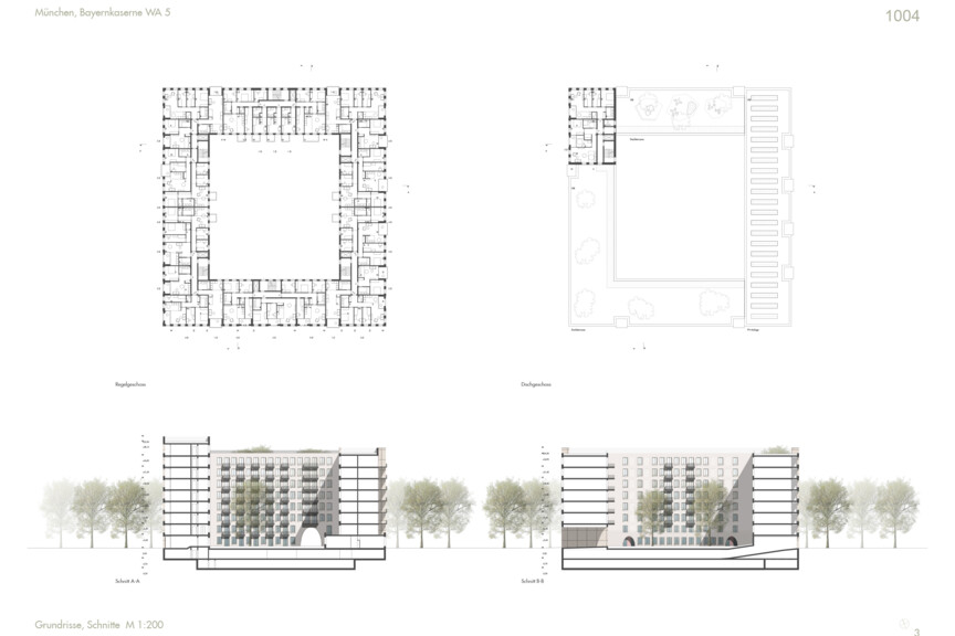 Grundriss Regelgeschoss und Dachgeschoss Wettbewerbsbeitrag Bayernkaserne WA5 zweiter Preis 1004