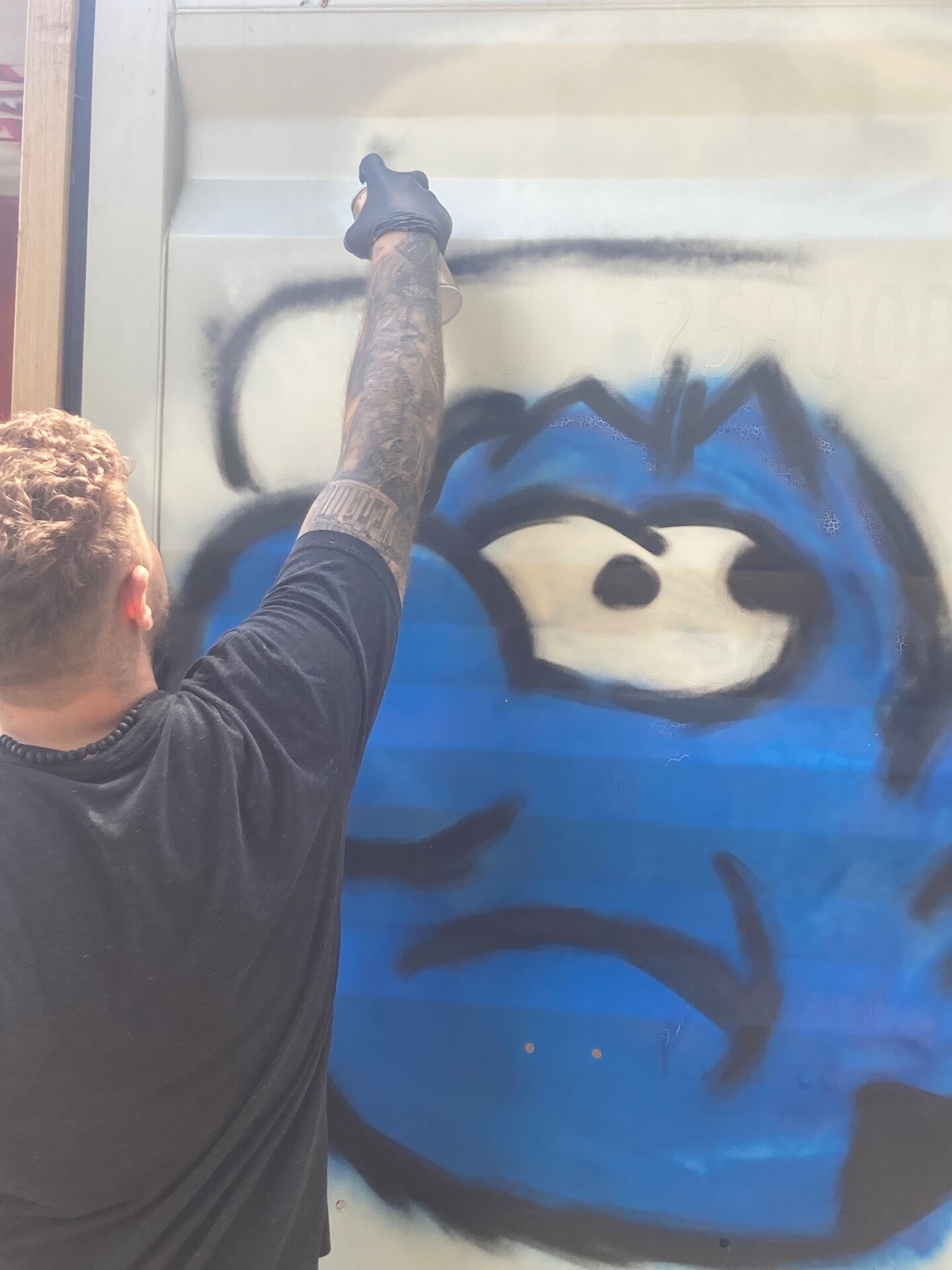 Blick auf einen Sprayer der einen Schlumpf auf eine Containerwand sprüht.