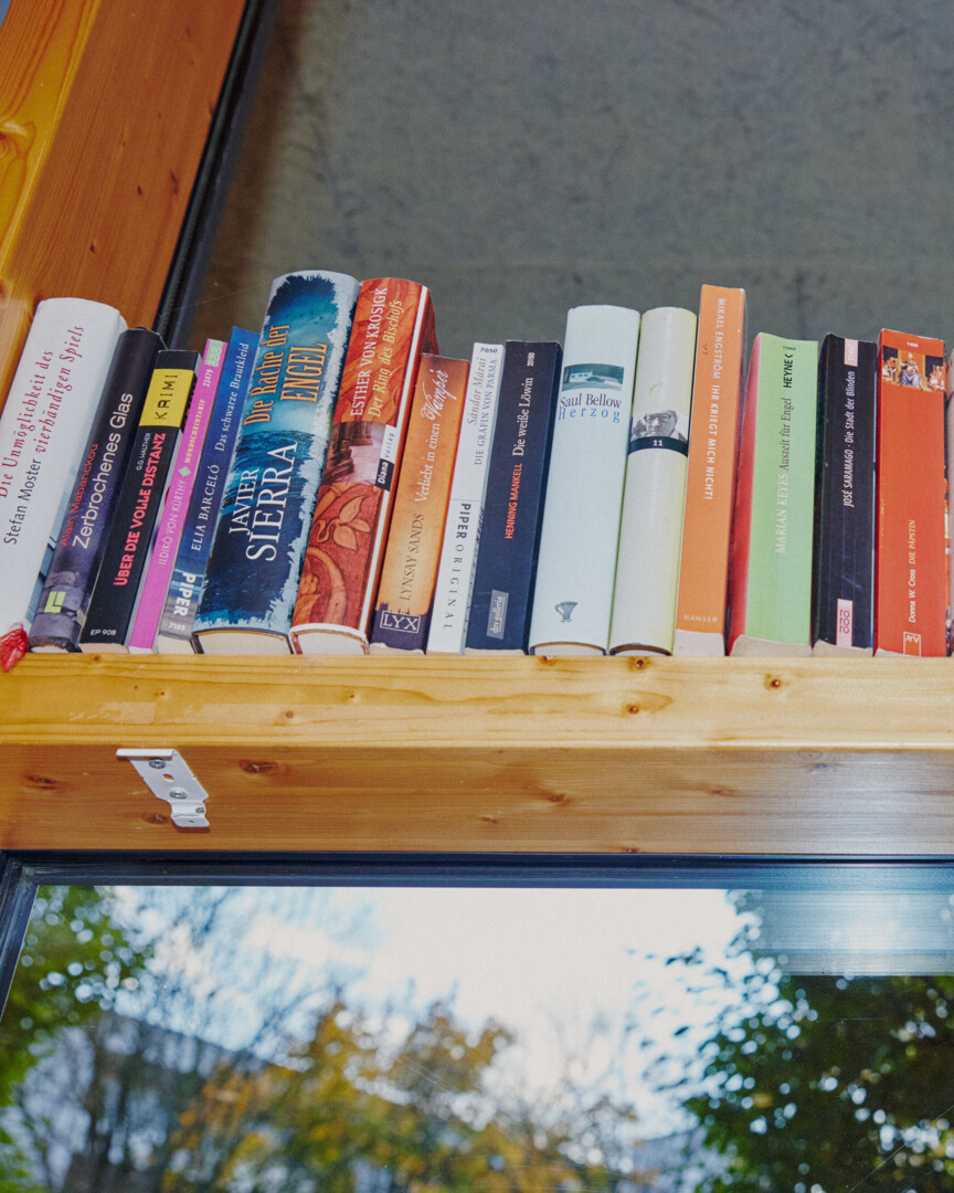 Ein Holzbrett auf dem viele Bücher aneinandergereiht stehen.