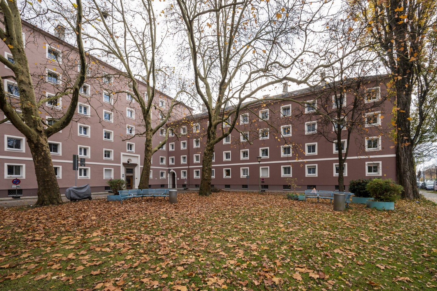 Blick aus dem begrünten Innenhof auf das Wohngebäude.