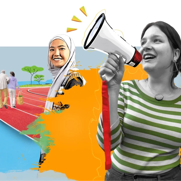 Das Bild zeigt eine Mischung aus illustrierten Darstellungen und echten Menschen. Neben einer Frau mit Kopftuch und einer Frau mit Megaphon in der Hand, sieht man auch eine junge Person, die einen älteren Mann beim Einkauf unterstützt. Im Hintergrund ist eine angedeutete Rennbahn und Bäume.