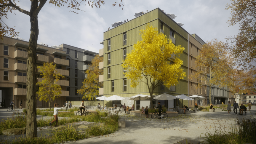 Visualisierung des Bauprojekts der Münchner Wohnen auf dem Kreativfeld. Ein moderner Holzbau mit einem Cafe im Erdgeschoss.