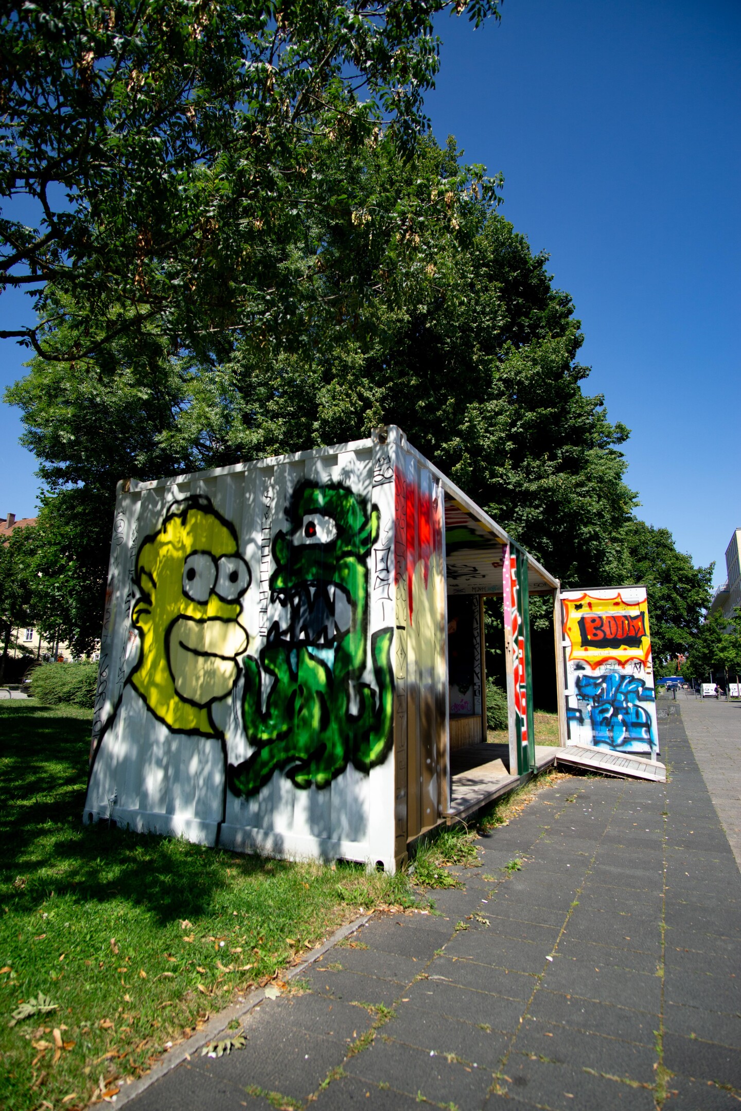 Seitliche Ansicht des Jugendcontainers, der auf einer Wiese steht. Verschiedene Graffitis sind zu sehen, darunter auch Homer Simpson.